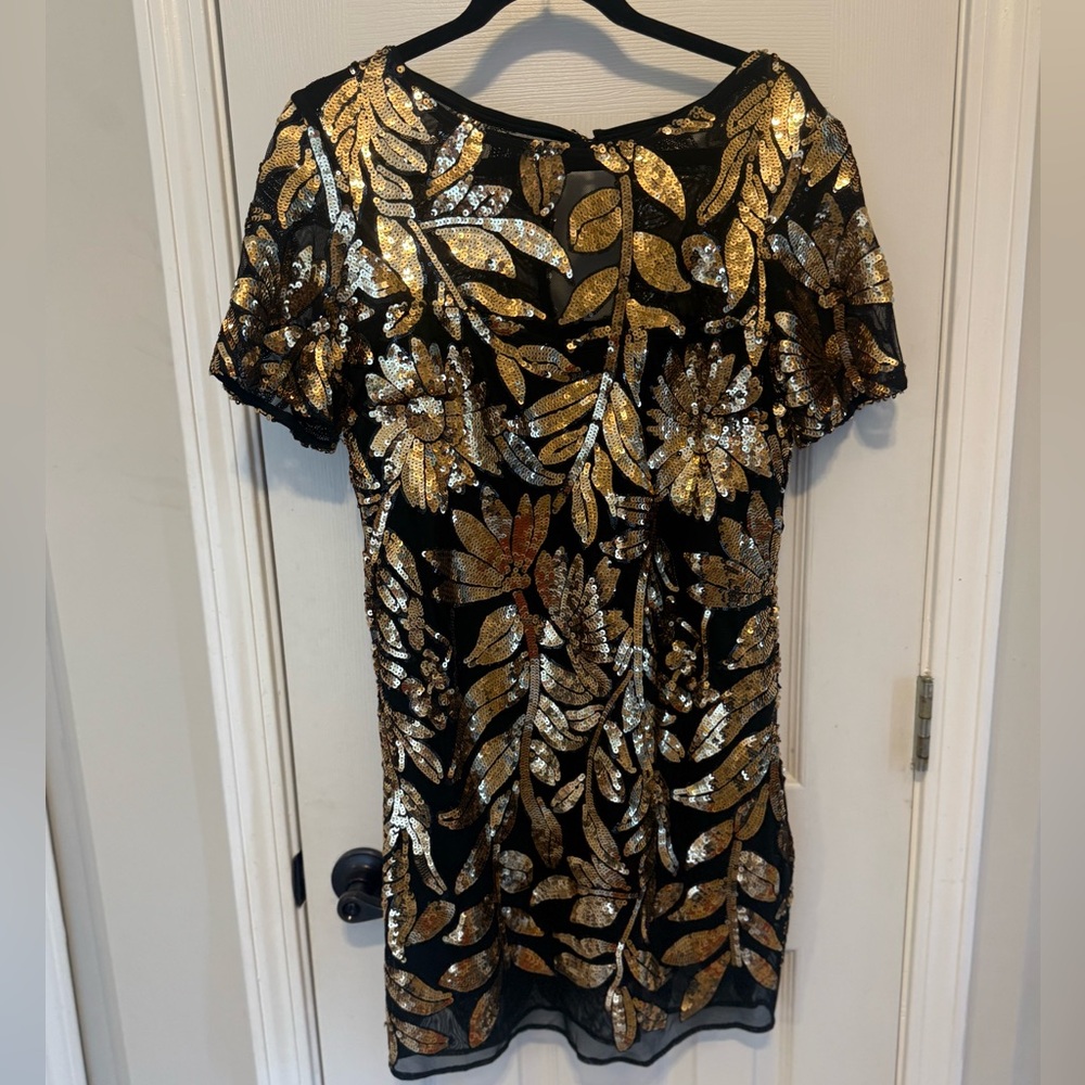 Anthropologie Floral Black and Gold sequin Dress